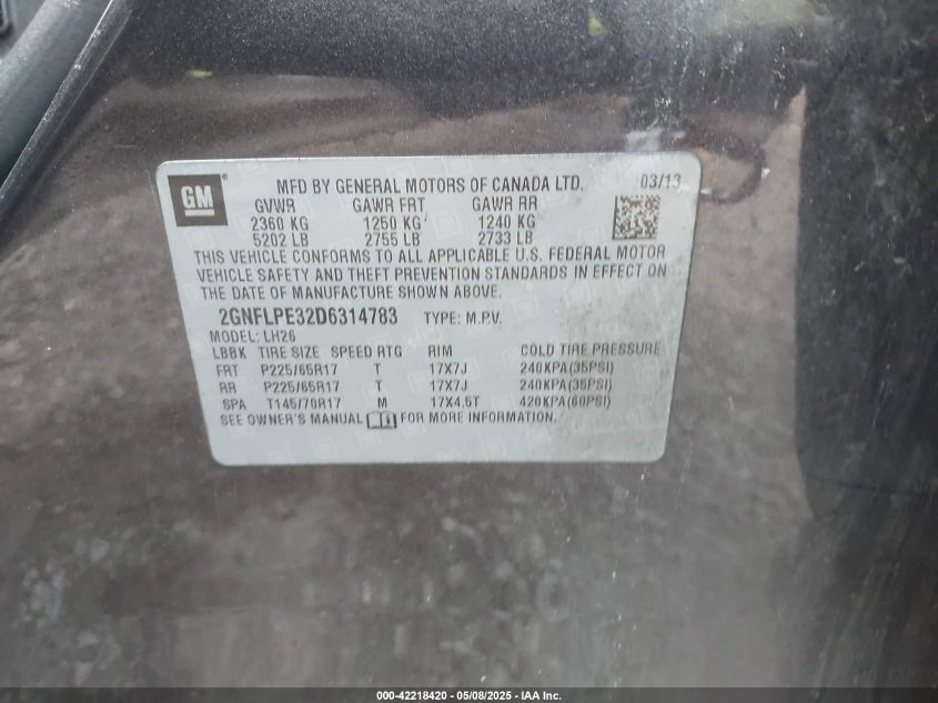 2013 Chevrolet Equinox 2Lt VIN: 2GNFLPE32D6314783 Lot: 42218420