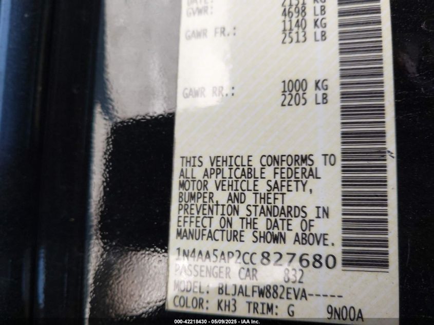 2012 Nissan Maxima 3.5 Sv VIN: 1N4AA5AP2CC827680 Lot: 42218430