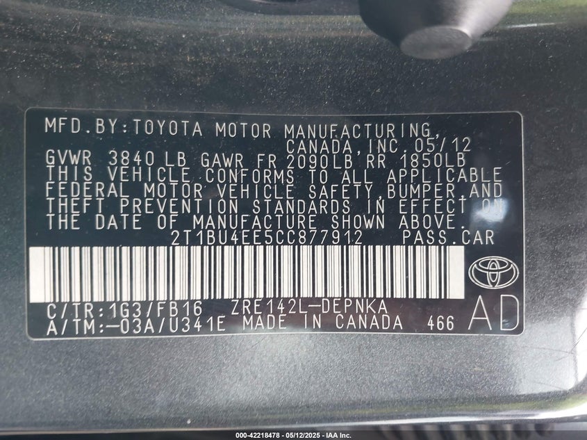 2012 TOYOTA COROLLA VIN: 2T1BU4EE5CC877912
