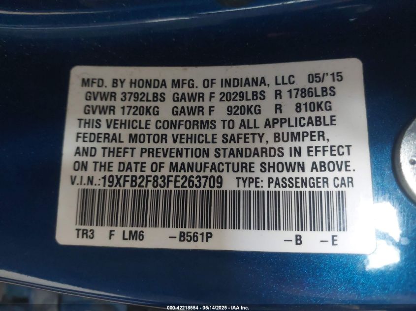 2015 Honda Civic Ex VIN: 19XFB2F83FE263709 Lot: 42218554