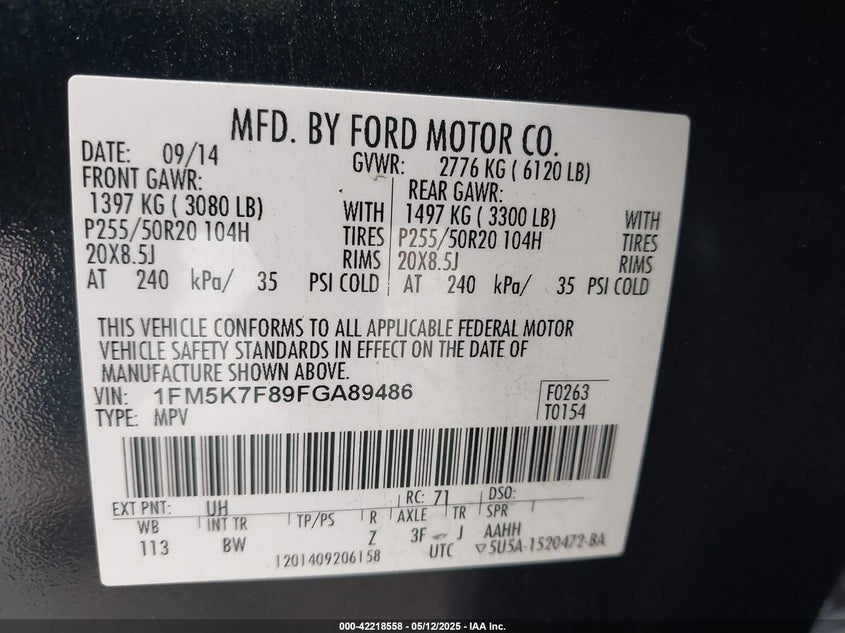 2015 FORD EXPLORER LIMITED - 1FM5K7F89FGA89486