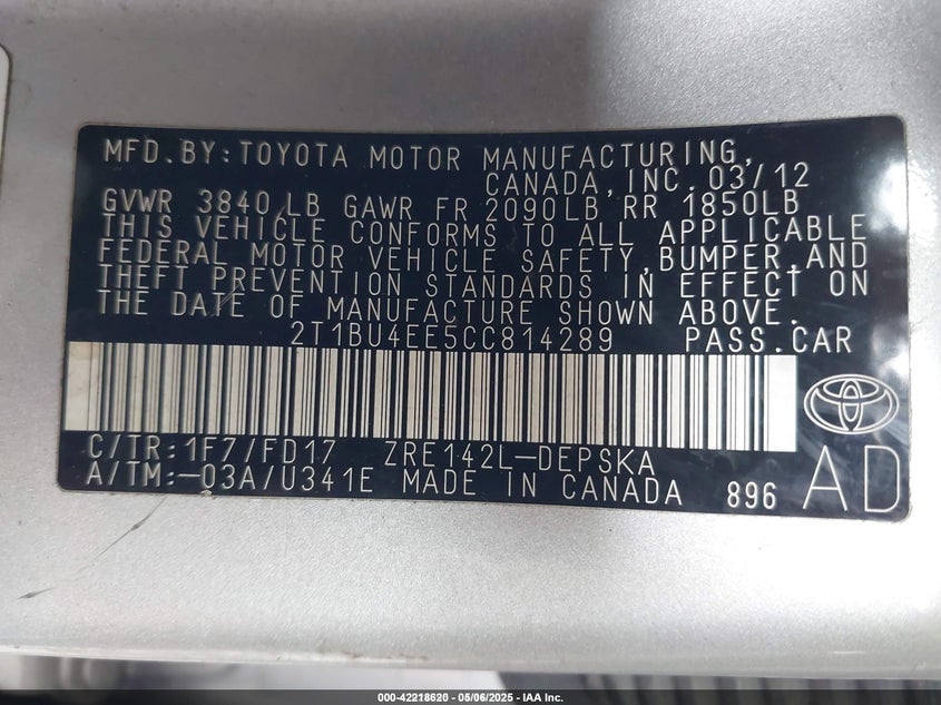 2012 TOYOTA COROLLA VIN: 2T1BU4EE5CC814289