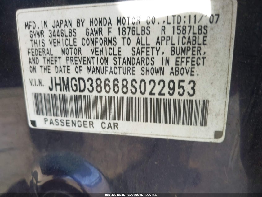 2008 HONDA FIT VIN: JHMGD38668S022953