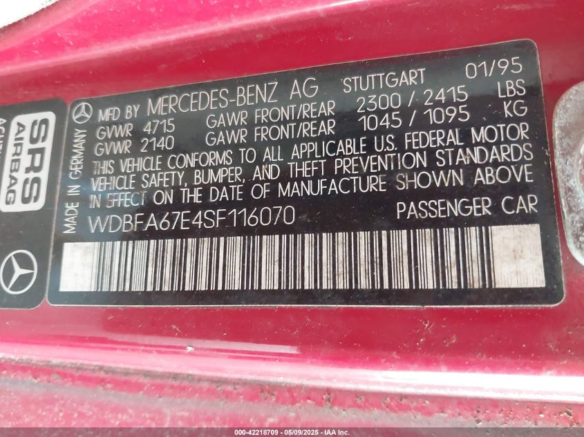 1995 Mercedes-Benz Sl 500 VIN: WDBFA67E4SF116070 Lot: 42218709