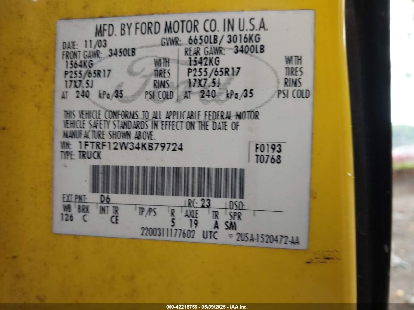 2004 Ford F150 VIN: 1FTRF12W34KD79724 Lot: 42218756