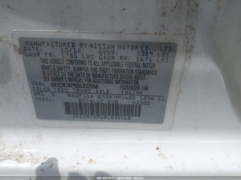 2013 NISSAN VERSA VIN: 3N1CN7AP6DL832568