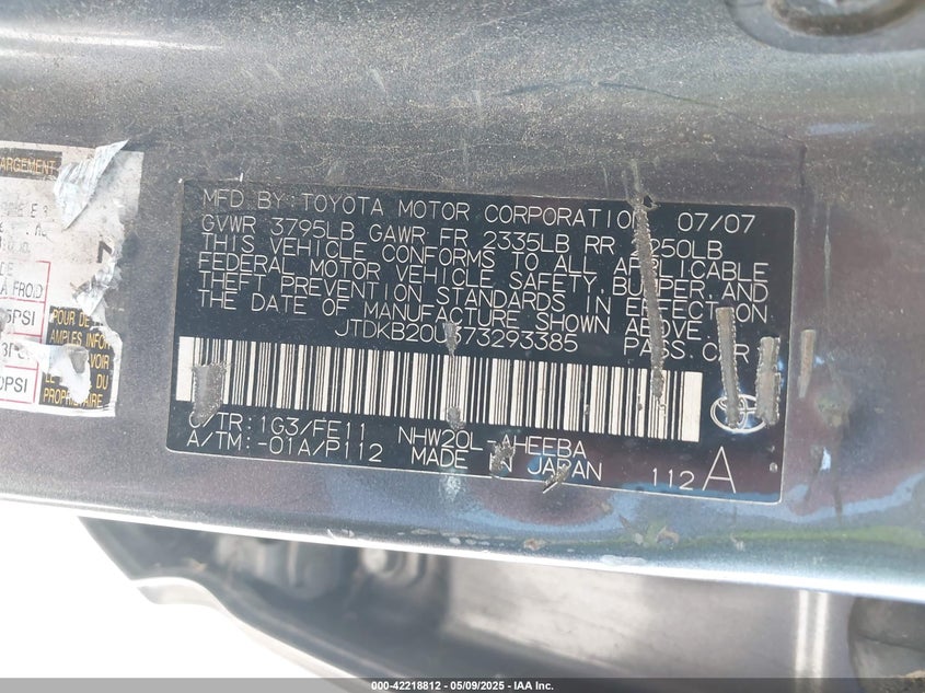 2007 TOYOTA PRIUS VIN: JTDKB20U373293385