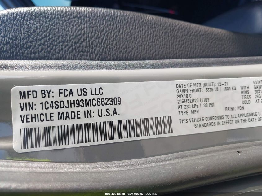 2021 Dodge Durango Srt Hellcat Awd VIN: 1C4SDJH93MC662309 Lot: 42218828