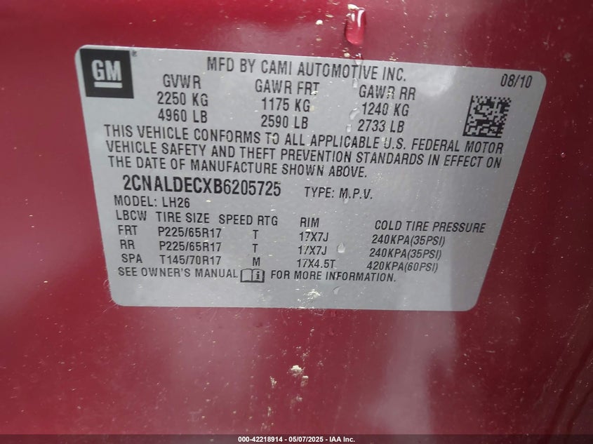2011 CHEVROLET EQUINOX VIN: 2CNALDECXB6205725