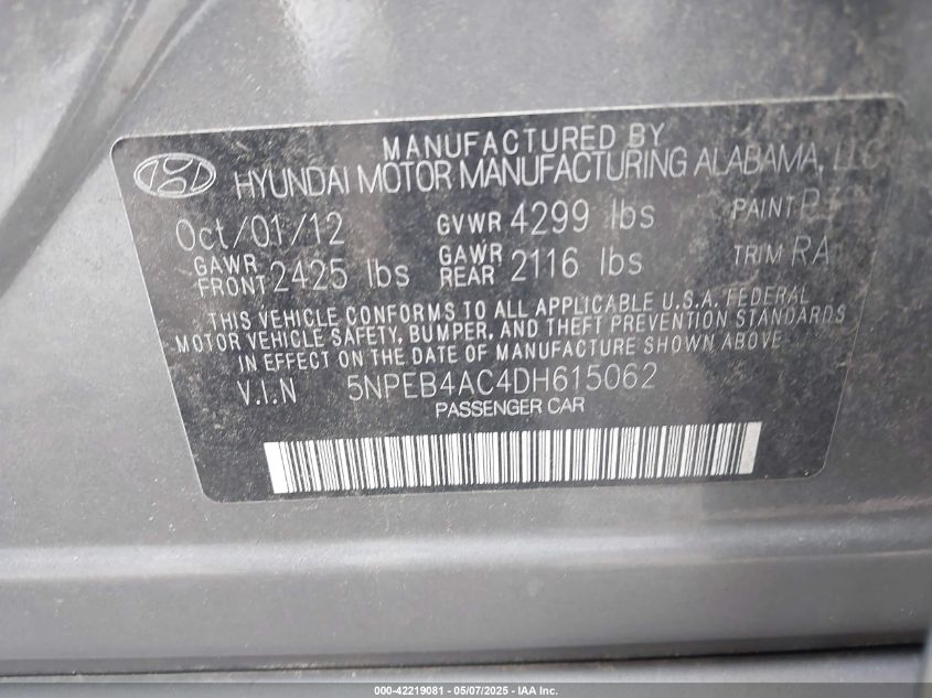 2013 Hyundai Sonata Gls VIN: 5NPEB4AC4DH615062 Lot: 42219081