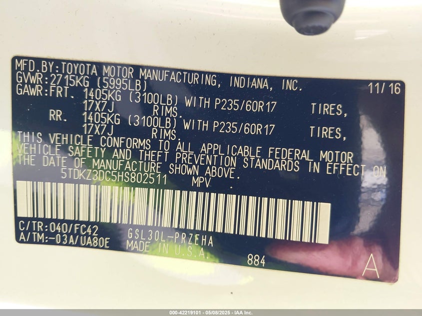 2017 TOYOTA SIENNA LE 8 PASSENGER - 5TDKZ3DC5HS802511