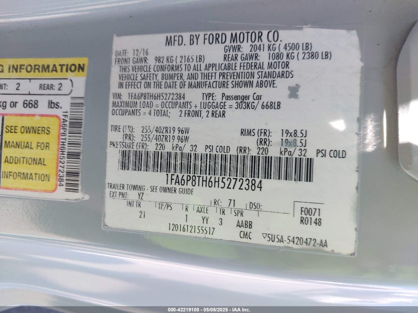 2017 FORD MUSTANG VIN: 1FA6P8TH6H5272384