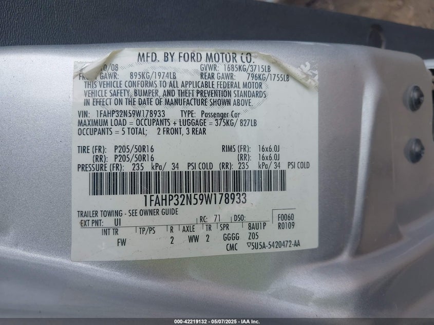 2009 FORD FOCUS VIN: 1FAHP32N59W178933