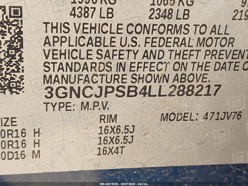 2020 Chevrolet Trax Awd Lt VIN: 3GNCJPSB4LL288217 Lot: 42219355