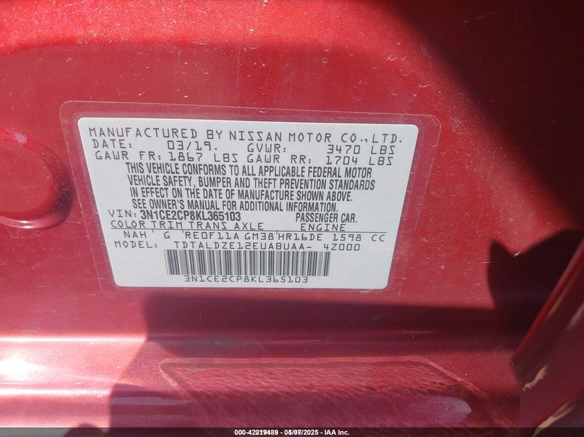 VIN 3N1CE2CP8KL365103 2019 NISSAN VERSA NOTE SV