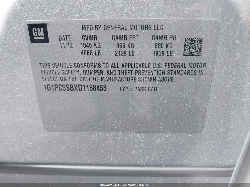 2013 CHEVROLET CRUZE VIN: 1G1PC5SBXD7188453