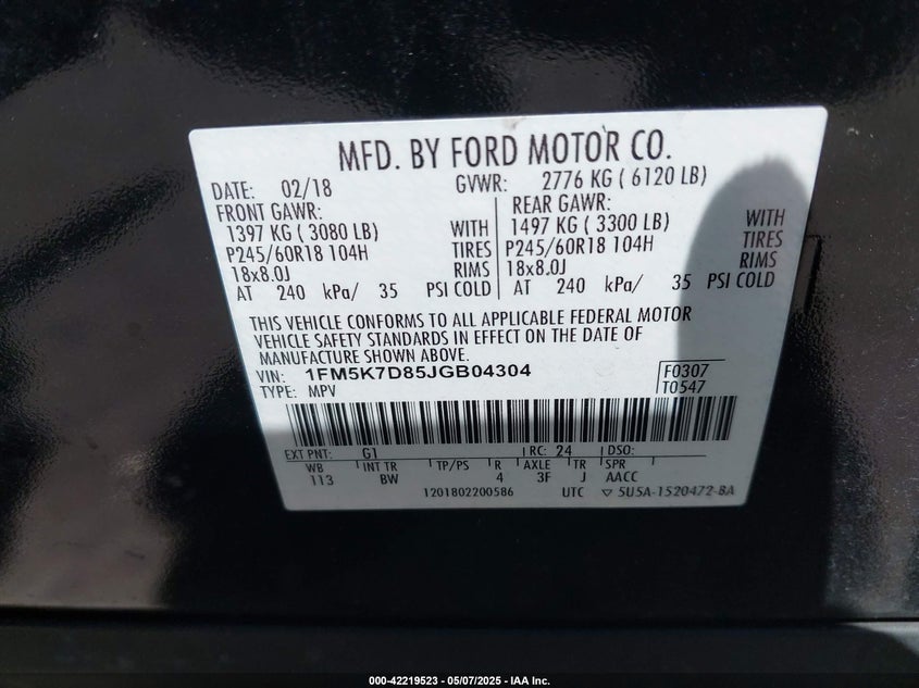 2018 FORD EXPLORER VIN: 1FM5K7D85JGB04304