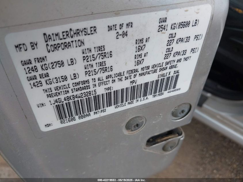 2004 Jeep Liberty Sport VIN: 1J4GL48K84W232815 Lot: 42219553