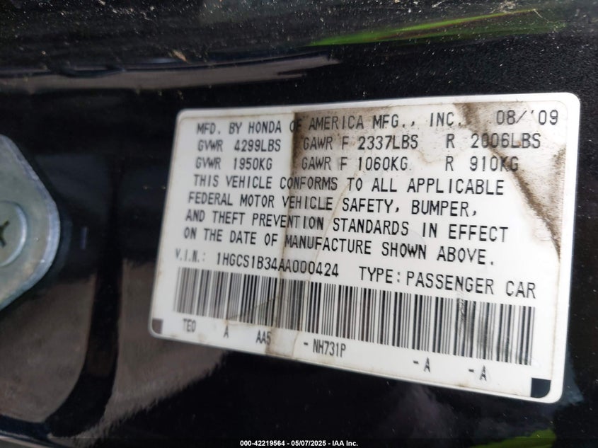 2010 HONDA ACCORD VIN: 1HGCS1B34AA000424