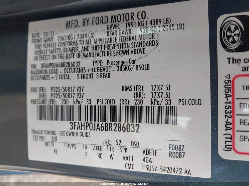 2011 FORD FUSION VIN: 3FAHP0JA6BR286032