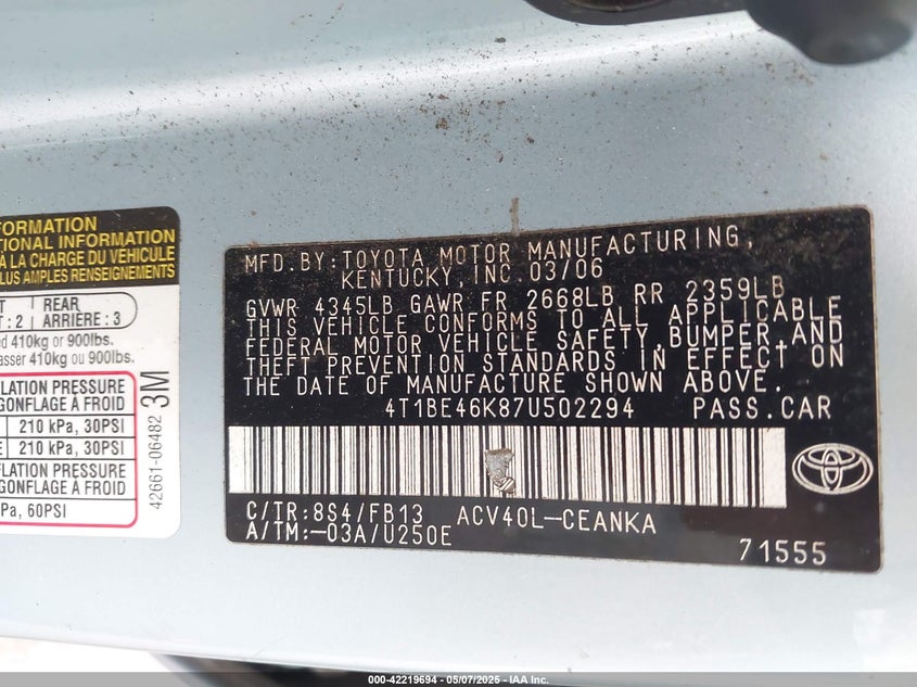 2007 TOYOTA CAMRY VIN: 4T1BE46K87U502294