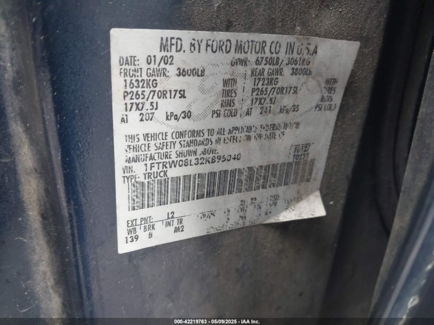 2002 Ford F-150 Lariat/Xlt VIN: 1FTRW08L32KB95040 Lot: 42219763