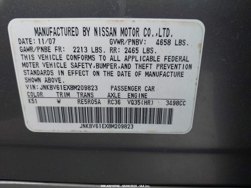 2008 INFINITI G35 VIN: JNKBV61EX8M209823