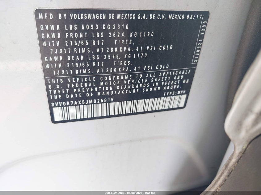 2018 VOLKSWAGEN TIGUAN 2.0T S - 3VV0B7AX5JM025815