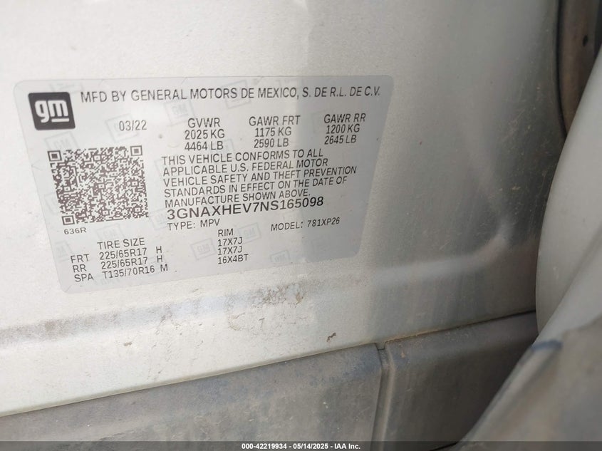 2022 CHEVROLET EQUINOX VIN: 3GNAXHEV7NS165098