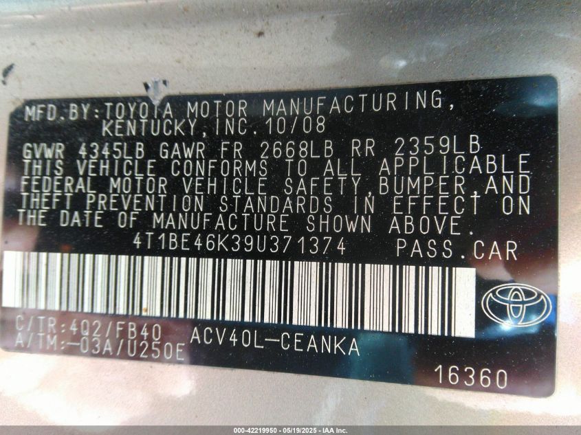 2009 Toyota Camry VIN: 4T1BE46K39U371374 Lot: 42219950