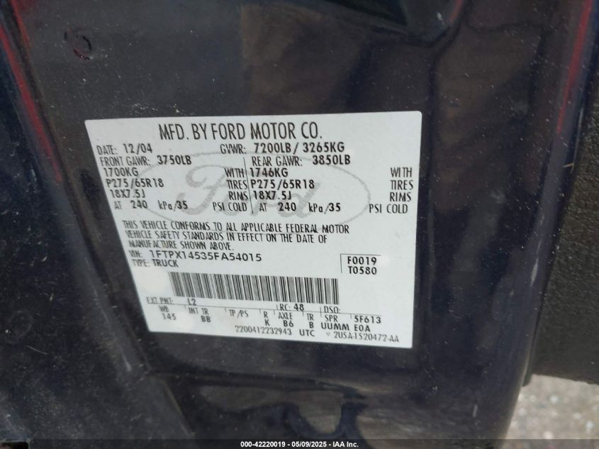 2005 Ford F-150 Fx4/Lariat/Xl/Xlt VIN: 1FTPX14535FA54015 Lot: 42220019