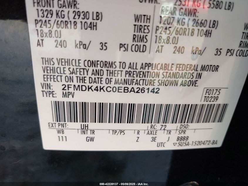 2014 Ford Edge Limited VIN: 2FMDK4KC0EBA26142 Lot: 42220137