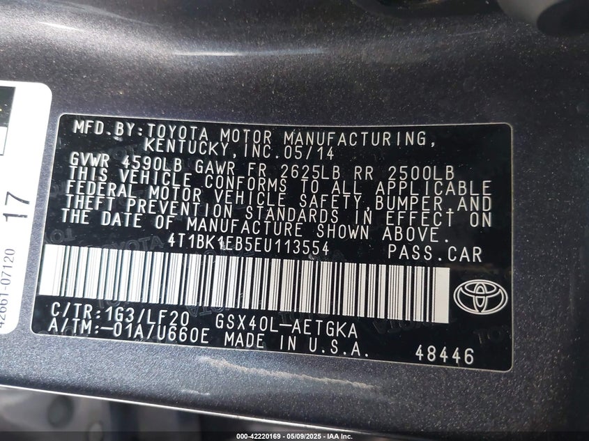 2014 TOYOTA AVALON VIN: 4T1BK1EB5EU113554