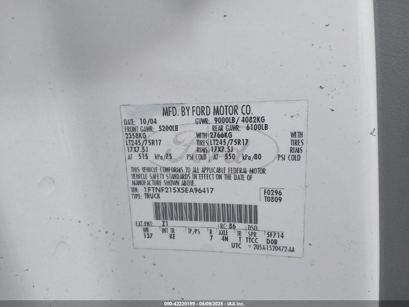 2005 Ford F-250 VIN: 1FTNF215X5EA96417 Lot: 42220199