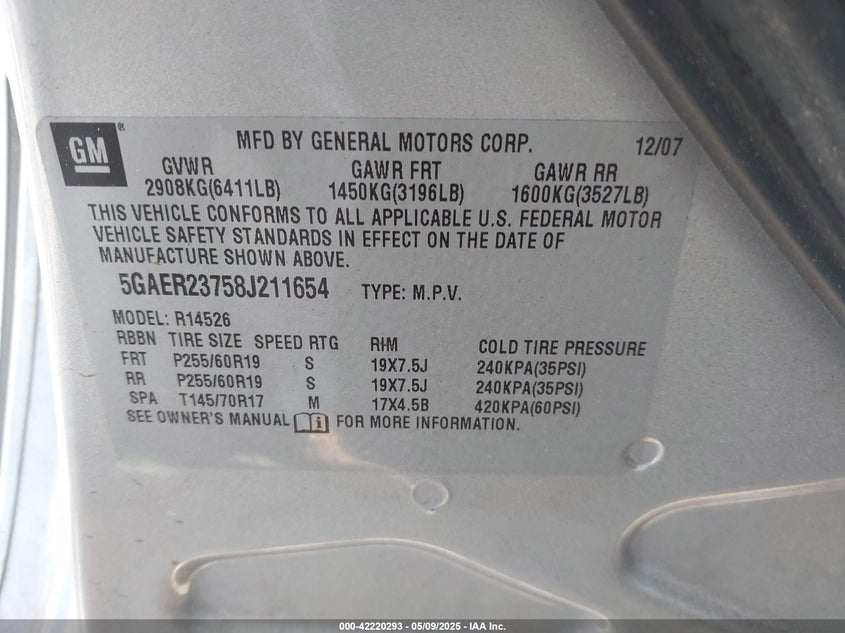 2008 Buick Enclave Cxl VIN: 5GAER23758J211654 Lot: 42220293