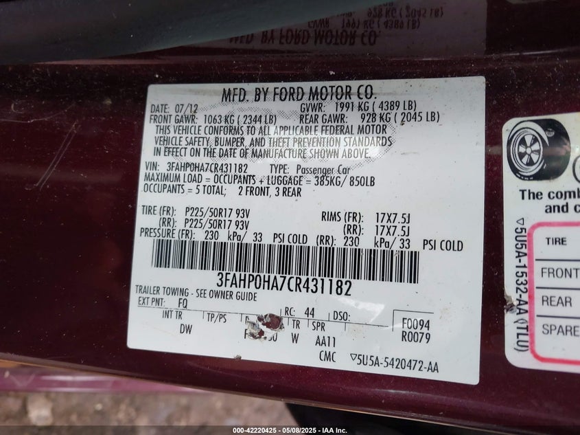 2012 FORD FUSION VIN: 3FAHP0HA7CR431182