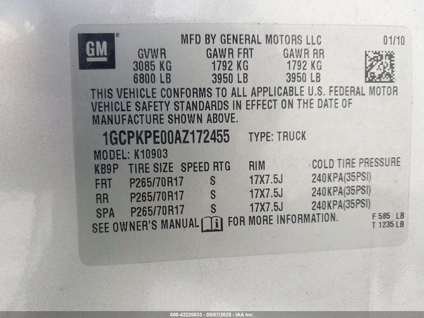 2010 CHEVROLET SILVERADO 1500 VIN: 1GCPKPE00AZ172455