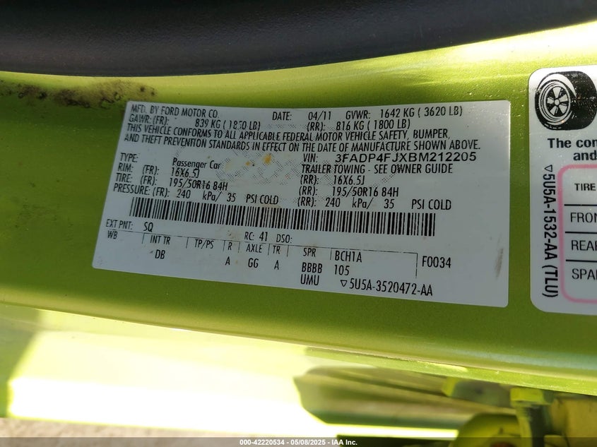 2011 FORD FIESTA VIN: 3FADP4FJXBM212205