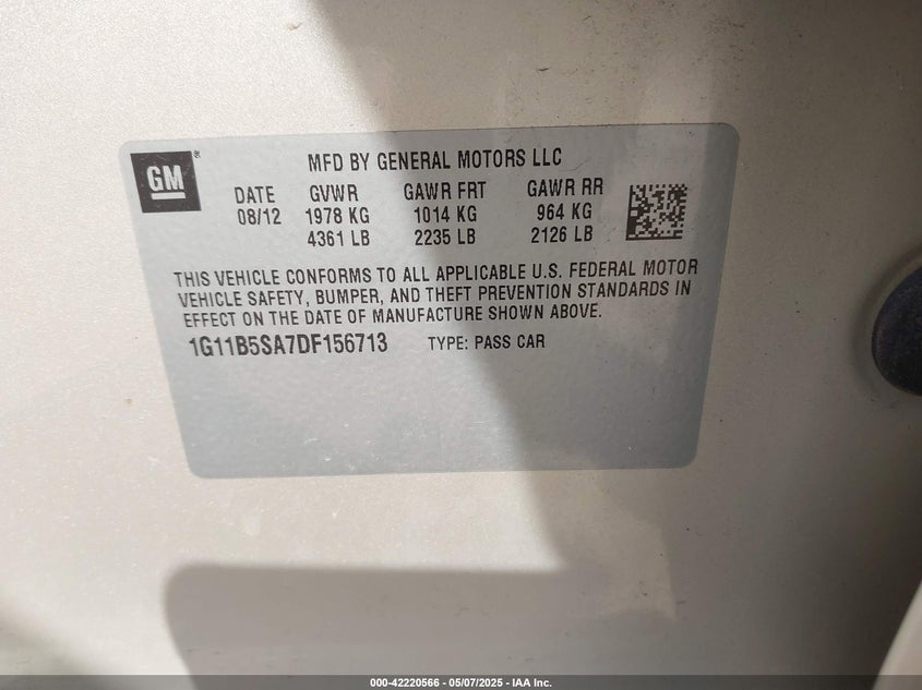 2013 CHEVROLET MALIBU VIN: 1G11B5SA7DF156713