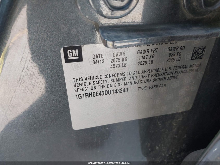 2013 CHEVROLET VOLT VIN: 1G1RH6E45DU143340