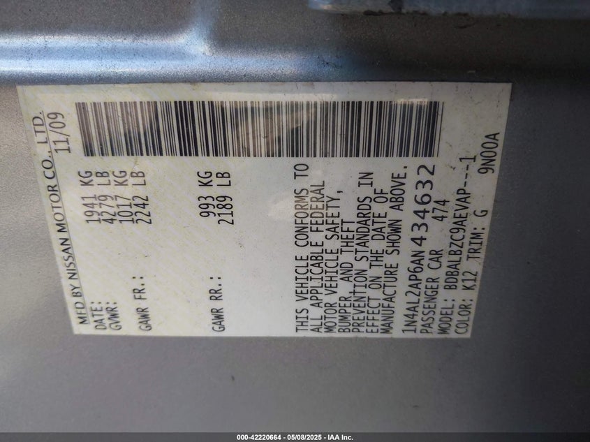 2010 NISSAN ALTIMA VIN: 1N4AL2AP6AN434632