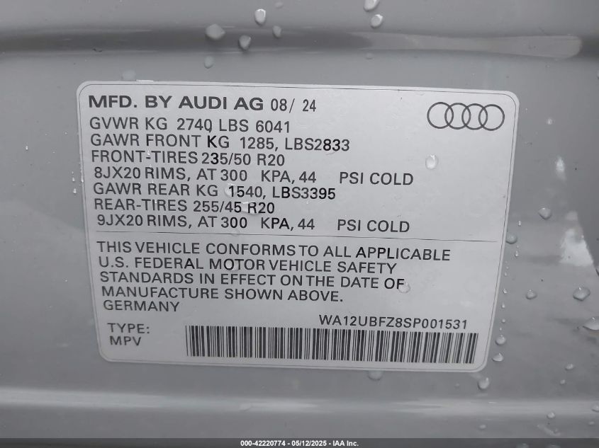 2025 Audi Q4 Sportback E-Tron Premium 55 Quattro VIN: WA12UBFZ8SP001531 Lot: 42220774