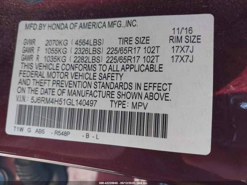 2016 HONDA CR-V EX - 5J6RM4H51GL140497