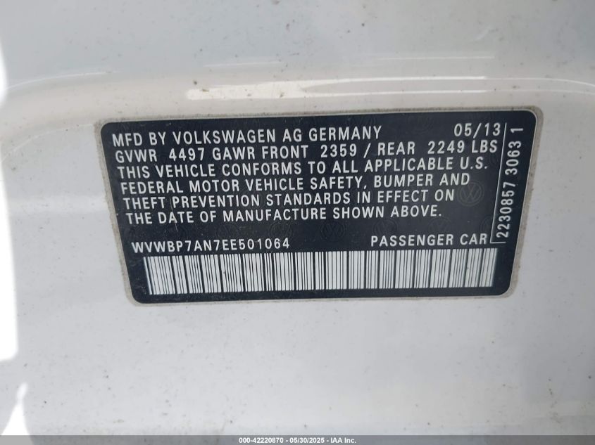 2014 Volkswagen Cc Sport VIN: WVWBP7AN7EE601064 Lot: 42220870