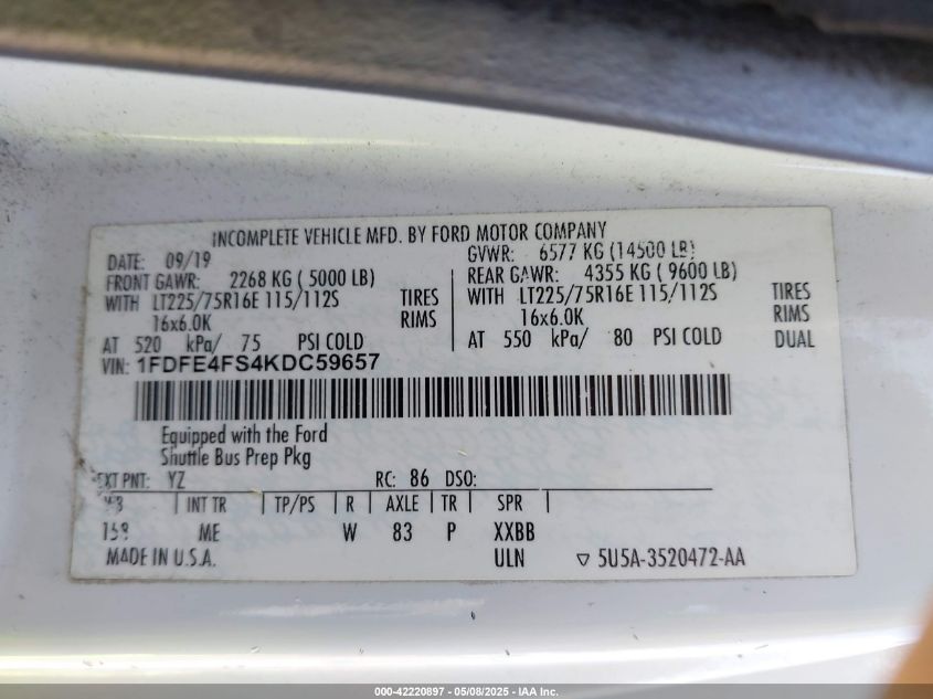 2019 Ford E-450 Cutaway VIN: 1FDFE4FS4KDC59657 Lot: 42220897