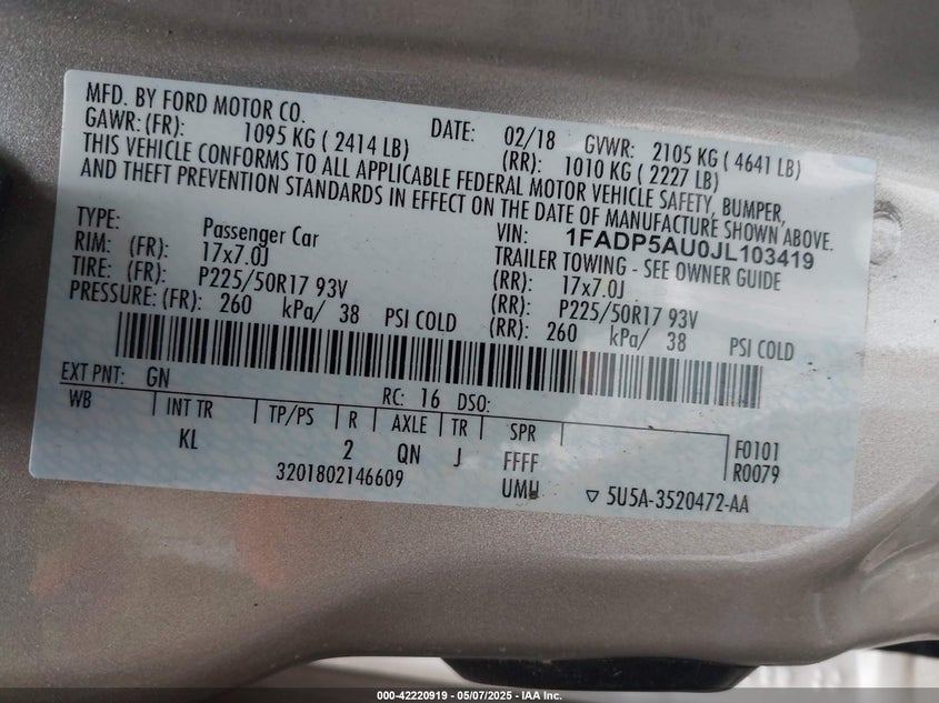 2018 FORD C-MAX HYBRID VIN: 1FADP5AU0JL103419