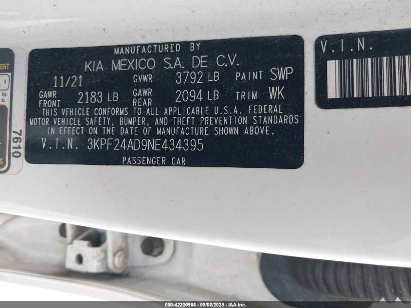 2022 Kia Forte Lxs VIN: 3KPF24AD9NE434395 Lot: 42220954