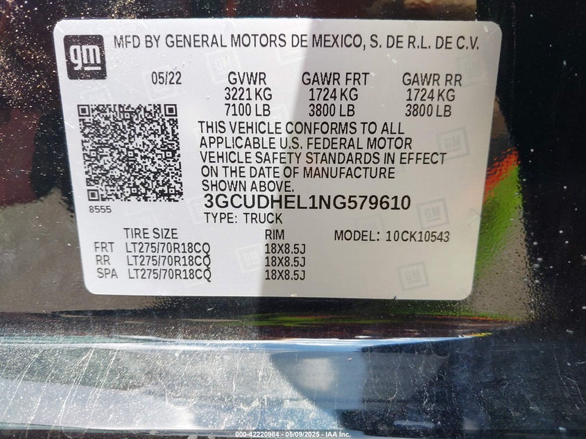 2022 CHEVROLET SILVERADO 1500 VIN: 3GCUDHEL1NG579610
