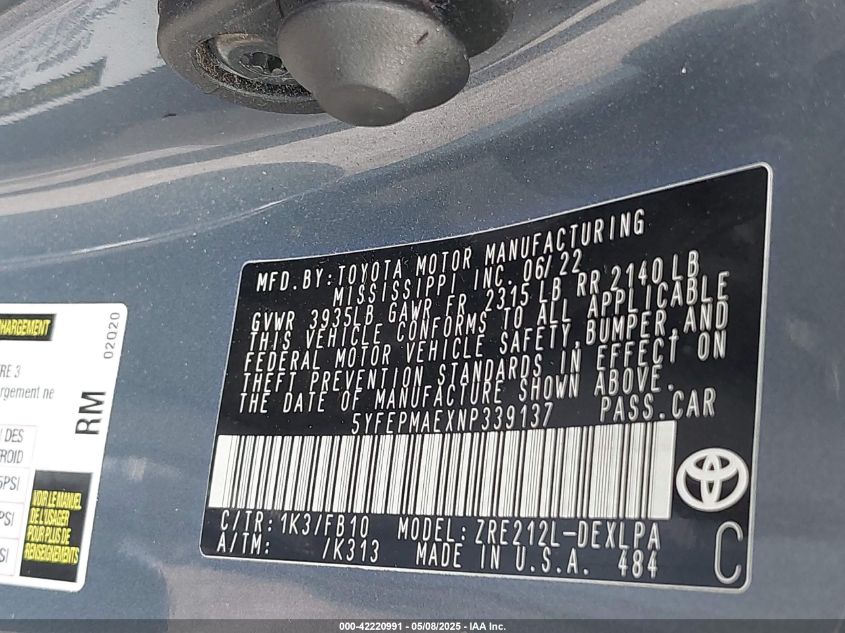 2022 Toyota Corolla Le VIN: 5YFEPMAEXNP339137 Lot: 42220991