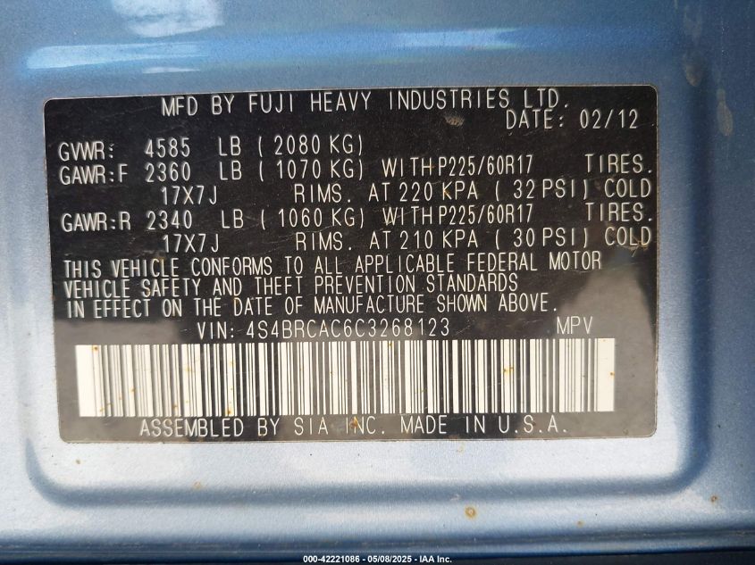 2012 Subaru Outback 2.5I VIN: 4S4BRCAC6C3268123 Lot: 42221086